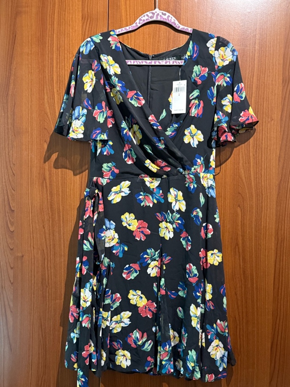 Ralph Lauren Black Floral Wrap Midi Dress with Yellow, Blue & Red Blooms